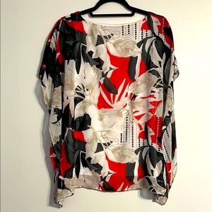 Calvin Klein Red and Black Scoop Neck Short Sleeve‎ Blouse